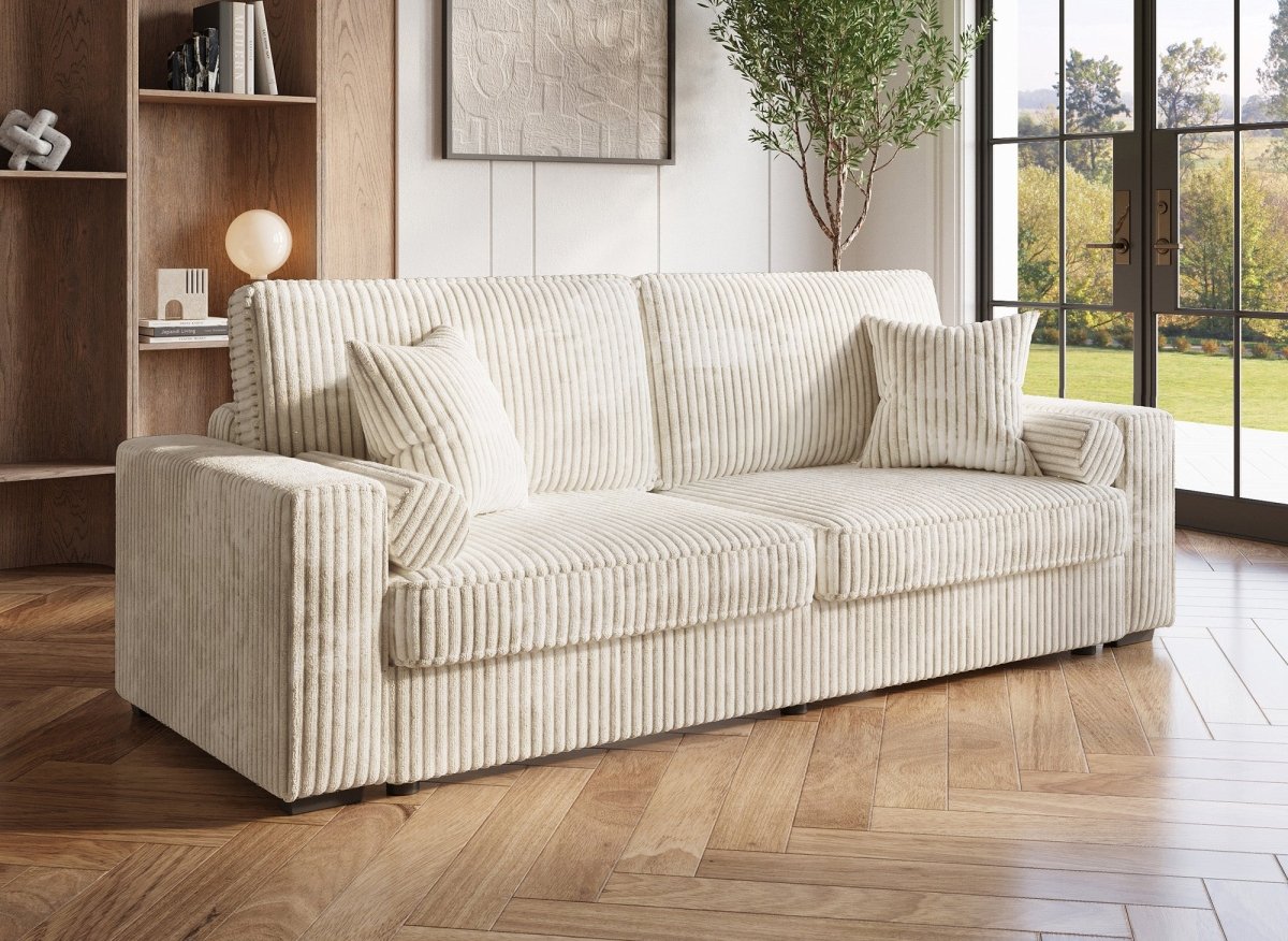 Canapé convertible 3 places en velours côtelé épais beige ALINE - DécoInParis