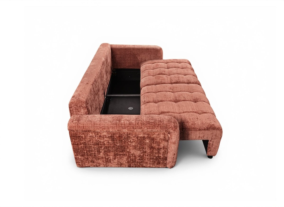 Canapé convertible avec coffre 3 places en velours chiné terracotta RALYA - DécoInParis