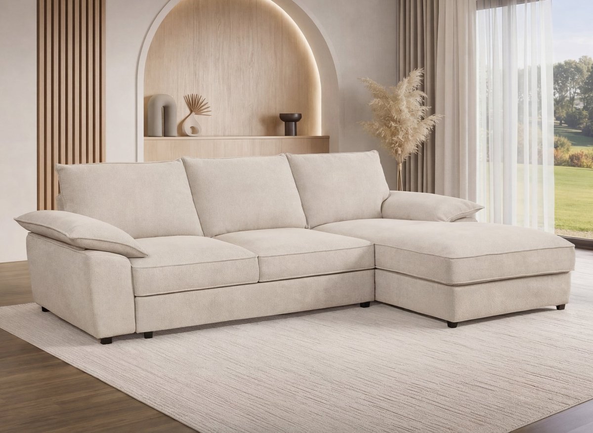 Canapé d'angle convertible avec coffre de rangement en velours chiné beige GABIN - Angle droit - DécoInParis