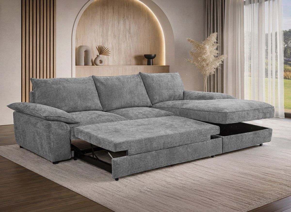 Canapé d'angle convertible avec coffre de rangement en velours chiné gris GABIN - Angle droit - DécoInParis