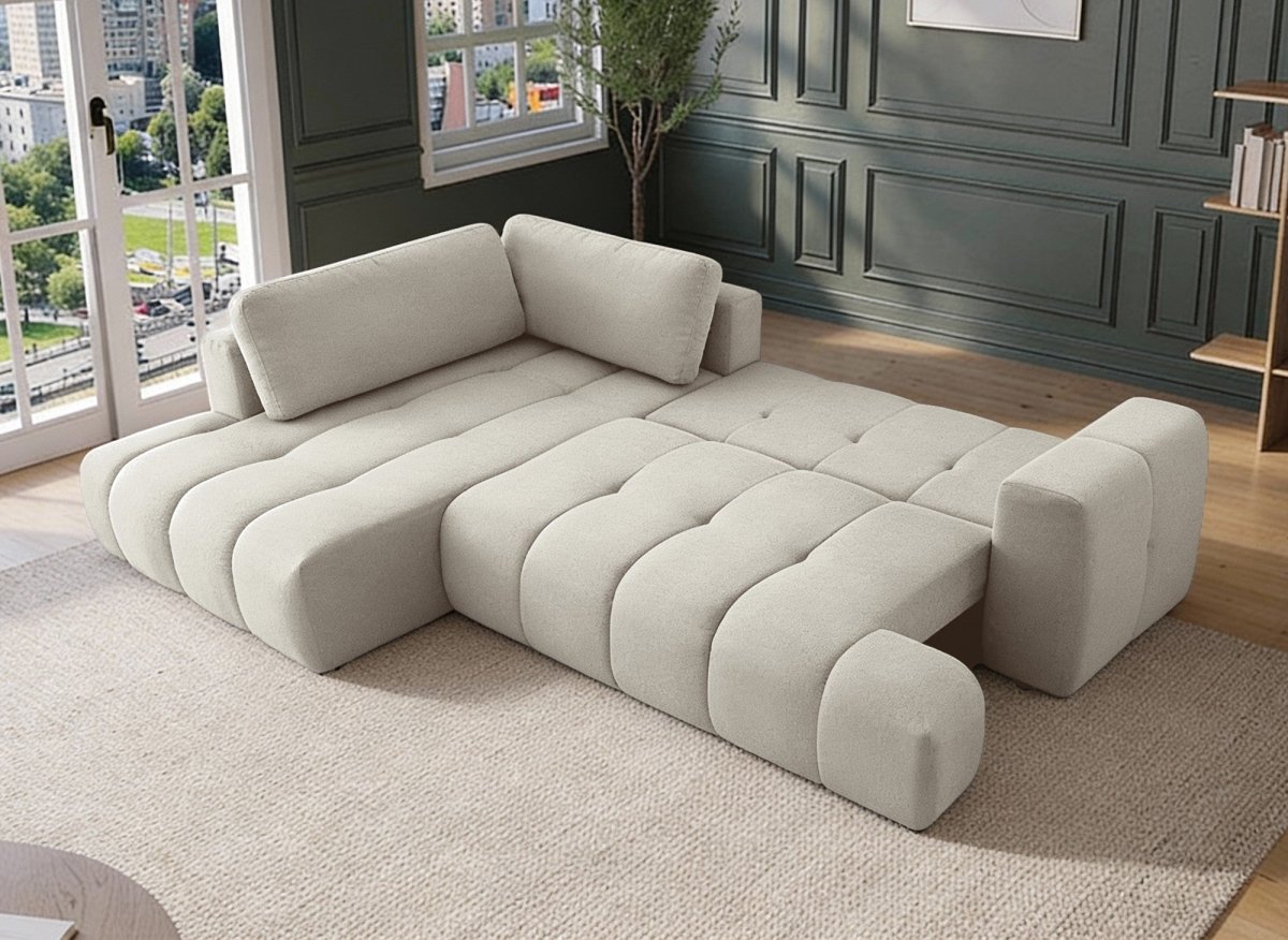 Canapé d'angle convertible avec coffre en tissu beige HAVEN - Angle gauche - DécoInParis