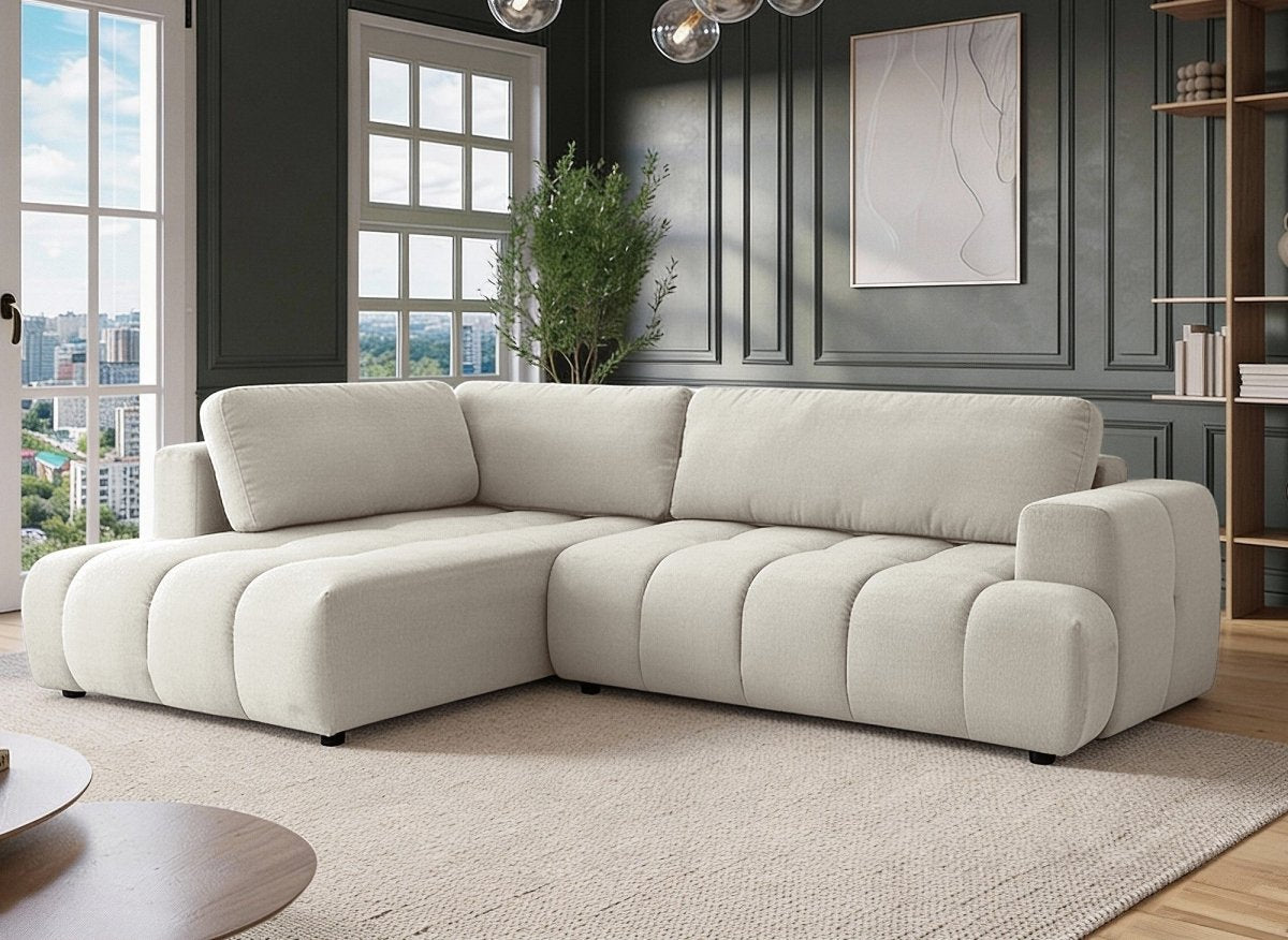 Canapé d'angle convertible avec coffre en tissu beige HAVEN - Angle gauche - DécoInParis