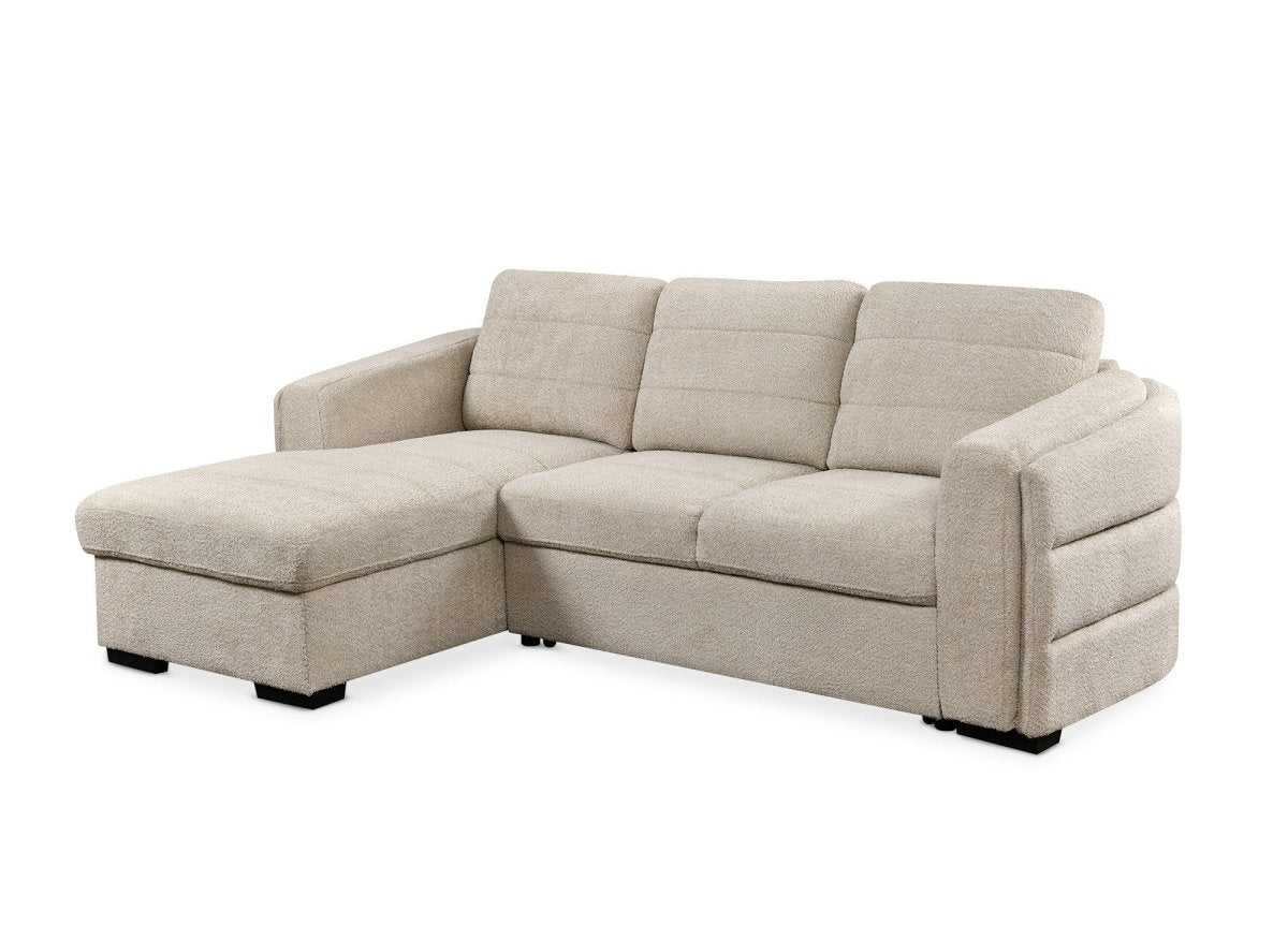 Canapé d'angle convertible avec coffre en tissu bouclette beige CALANDRA - Angle gauche - DécoInParis