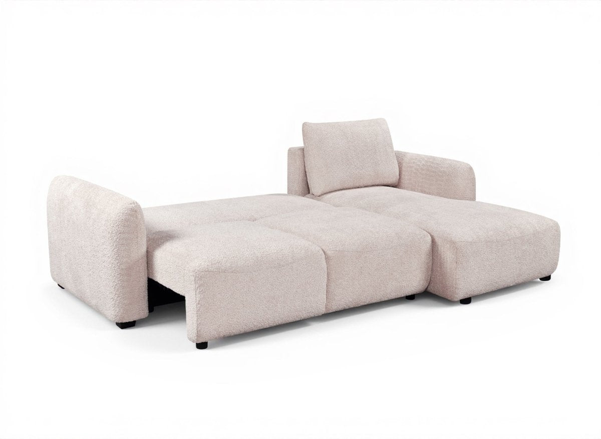 Canapé d'angle convertible avec coffre en tissu bouclette beige MARLA - Angle droit - DécoInParis