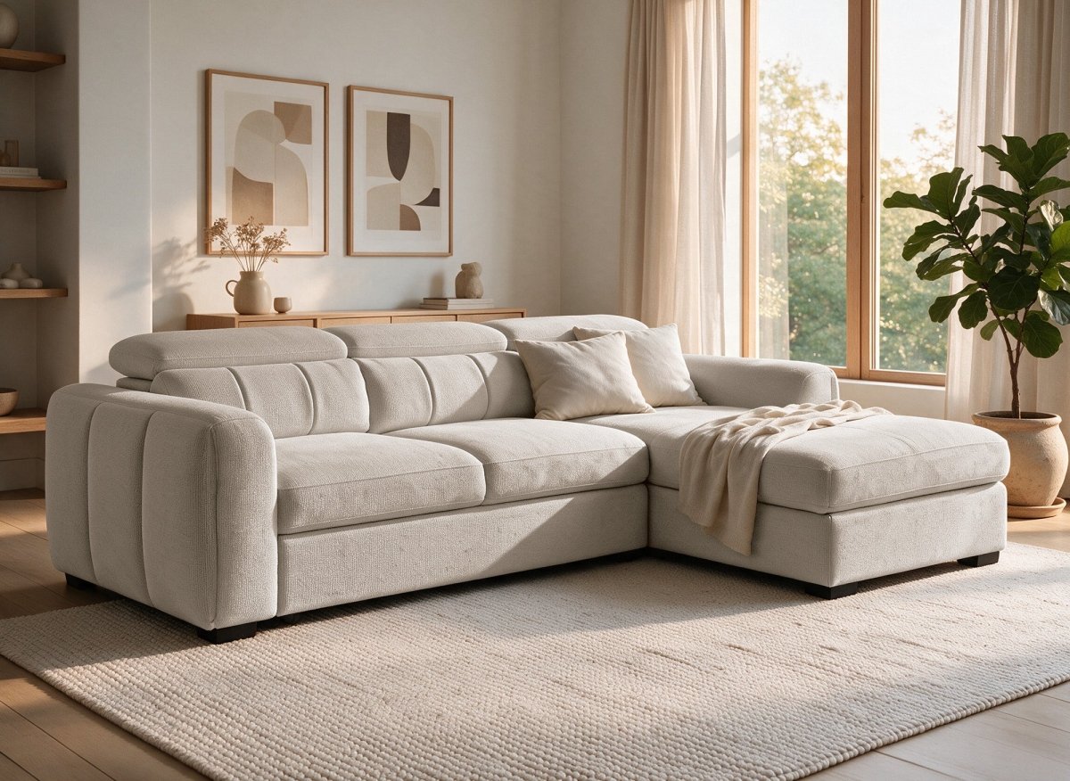 Canapé d'angle convertible avec coffre en tissu bouclette beige NAOMI -Angle droit - DécoInParis