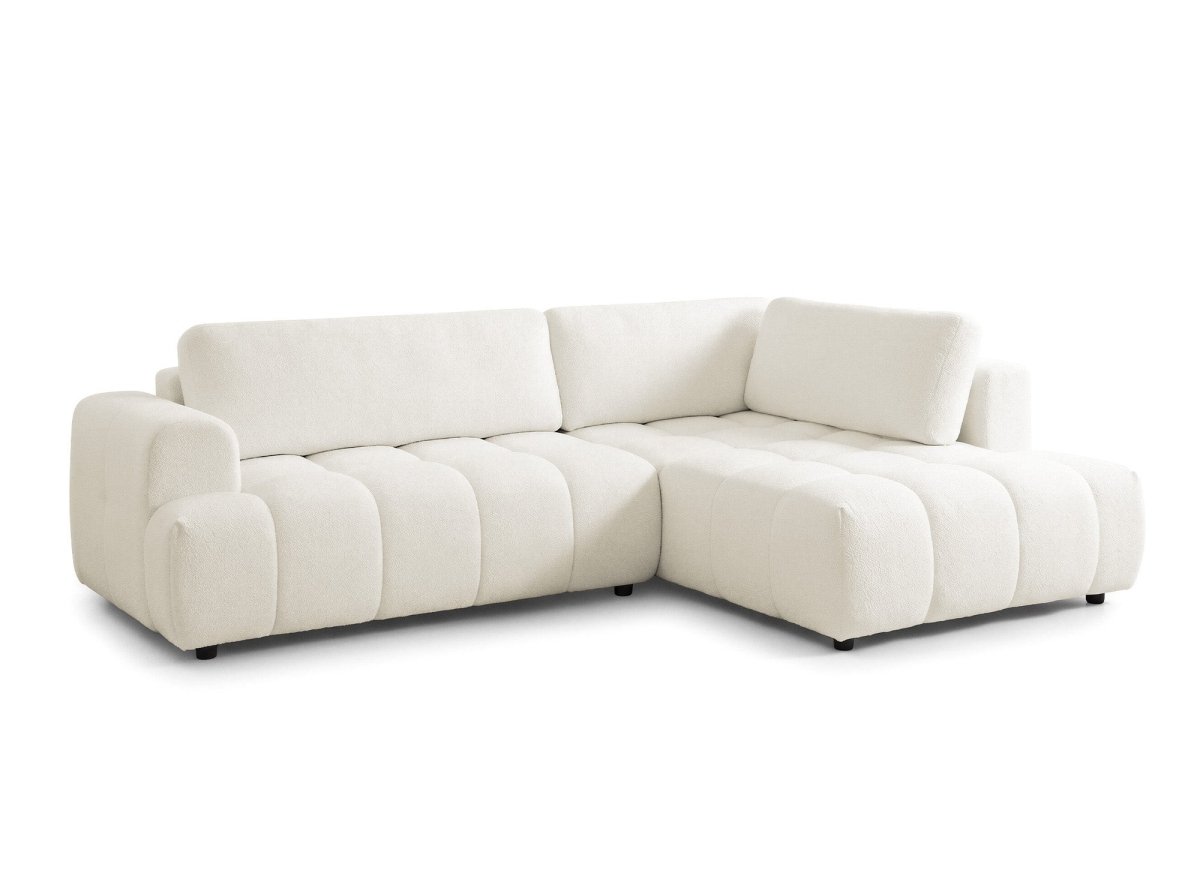 Canapé d'angle convertible avec coffre en tissu bouclette écru HAVEN - Angle droit - DécoInParis