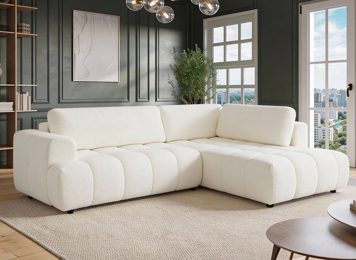 Canapé d'angle convertible avec coffre en tissu bouclette écru HAVEN - Angle droit - DécoInParis