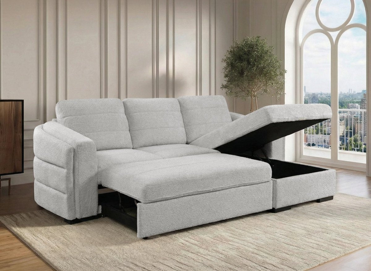 Canapé d'angle convertible avec coffre en tissu bouclette gris clair CALANDRA - Angle droit - DécoInParis