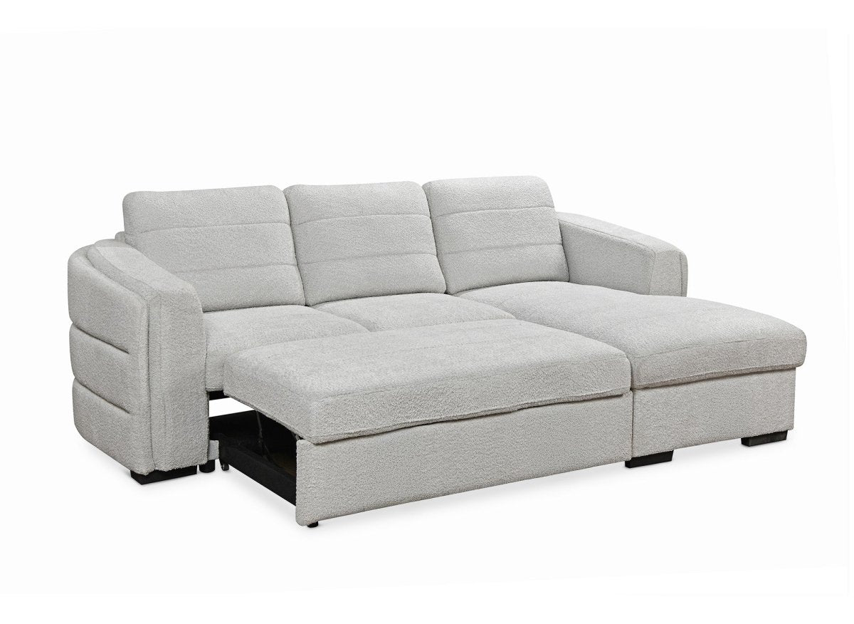 Canapé d'angle convertible avec coffre en tissu bouclette gris clair CALANDRA - Angle droit - DécoInParis