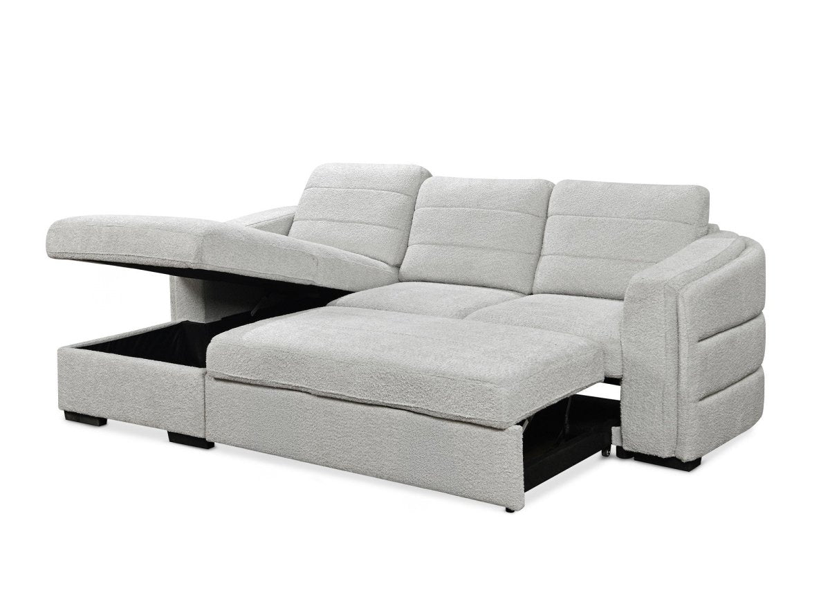 Canapé d'angle convertible avec coffre en tissu bouclette gris clair CALANDRA - Angle gauche - DécoInParis