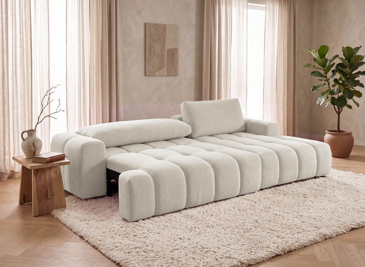 Canapé d'angle convertible avec coffre en tissu texturé beige BERENICE - Angle droit - DécoInParis