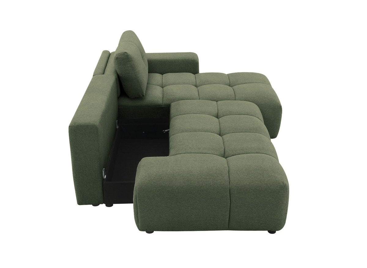 Canapé d'angle convertible avec coffre en tissu texturé vert olive ANGELINE - Angle droit - DécoInParis