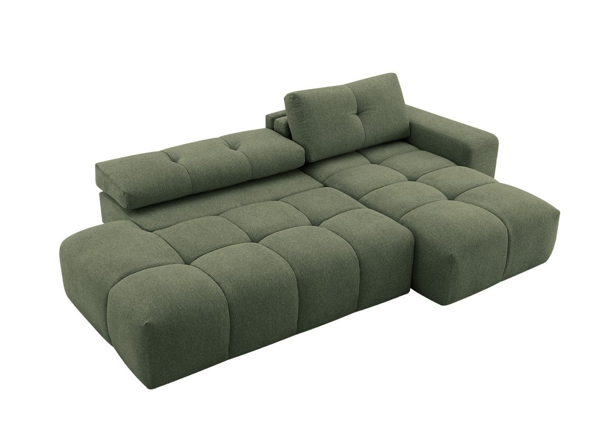 Canapé d'angle convertible avec coffre en tissu texturé vert olive ANGELINE - Angle droit - DécoInParis