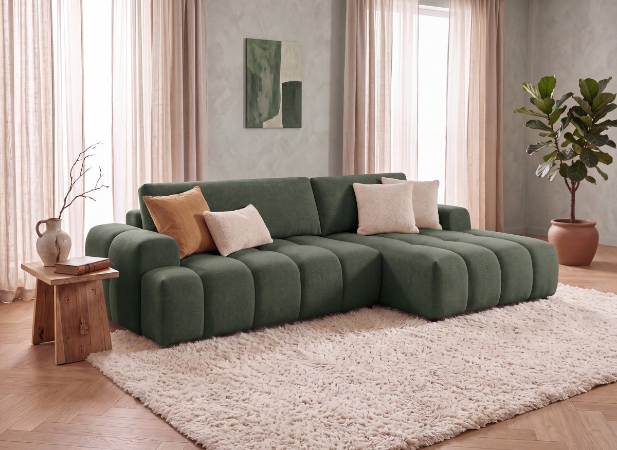 Canapé d'angle convertible avec coffre en tissu texturé vert olive BERENICE - Angle droit - DécoInParis