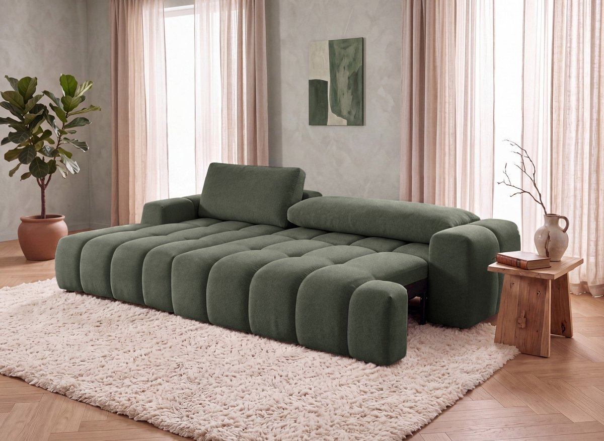 Canapé d'angle convertible avec coffre en tissu texturé vert olive BERENICE - Angle gauche - DécoInParis