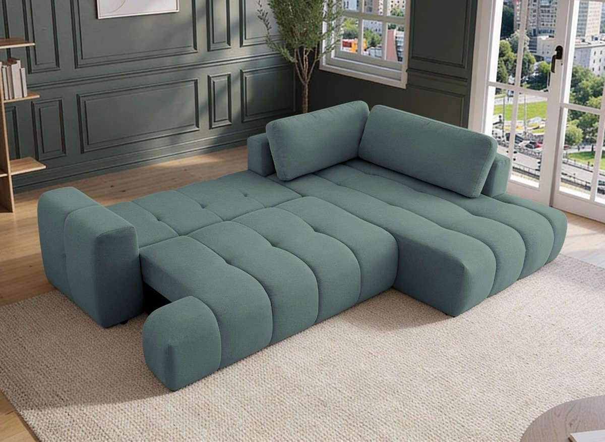 Canapé d'angle convertible avec coffre en tissu vert olive HAVEN - Angle droit - DécoInParis