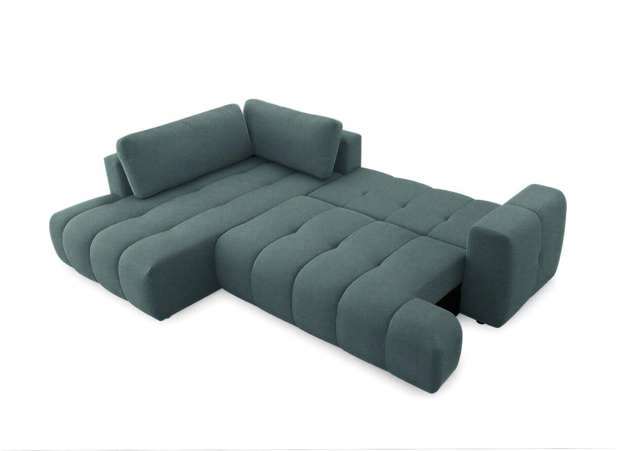 Canapé d'angle convertible avec coffre en tissu vert olive HAVEN - Angle gauche - DécoInParis