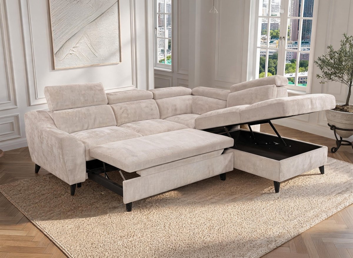 Canapé d'angle convertible avec coffre en velours chiné beige DALTON - Angle droit - DécoInParis