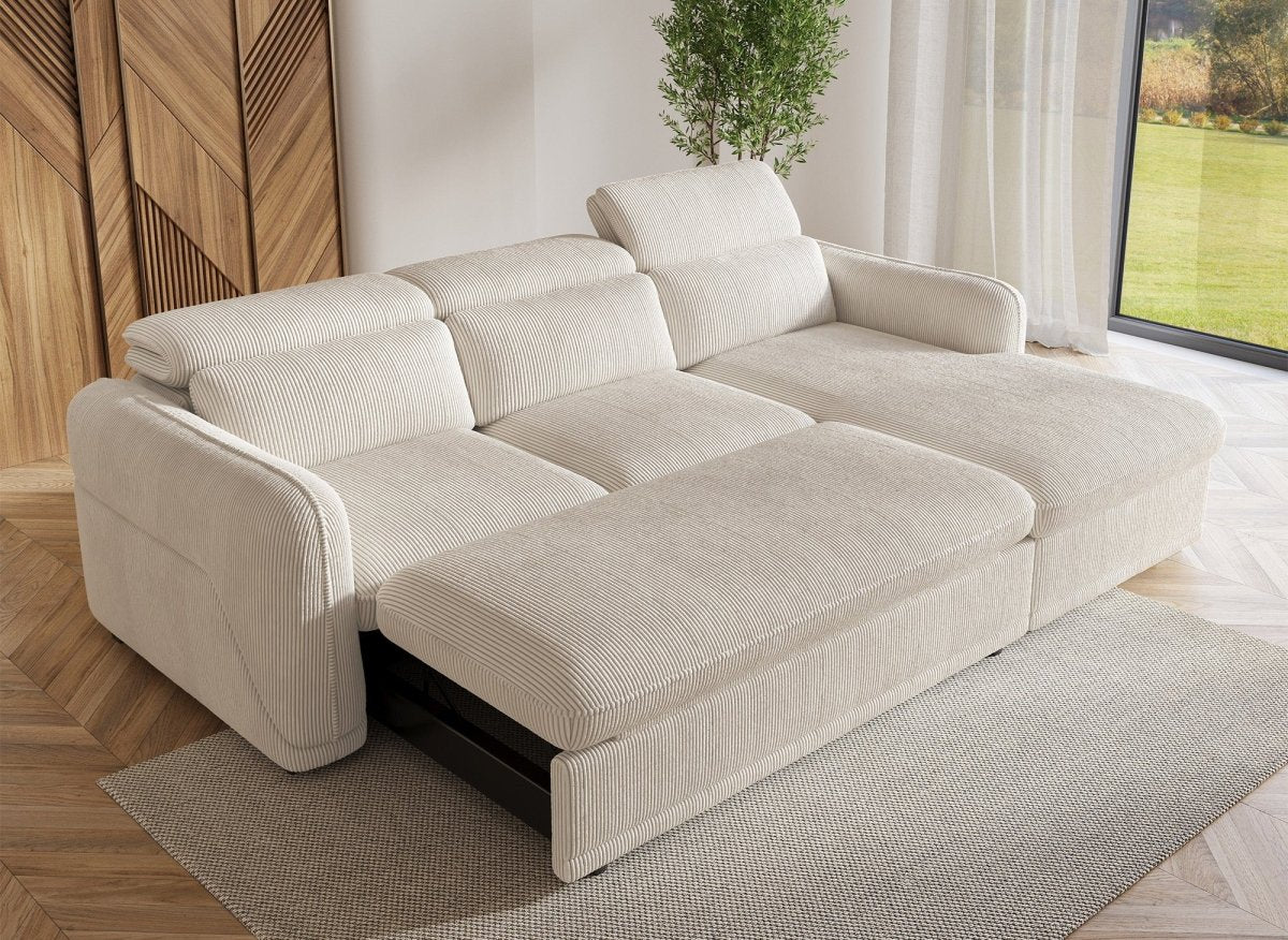 Canapé d'angle convertible avec coffre en velours côtelé épais beige PETUNIA - Angle droit - DécoInParis