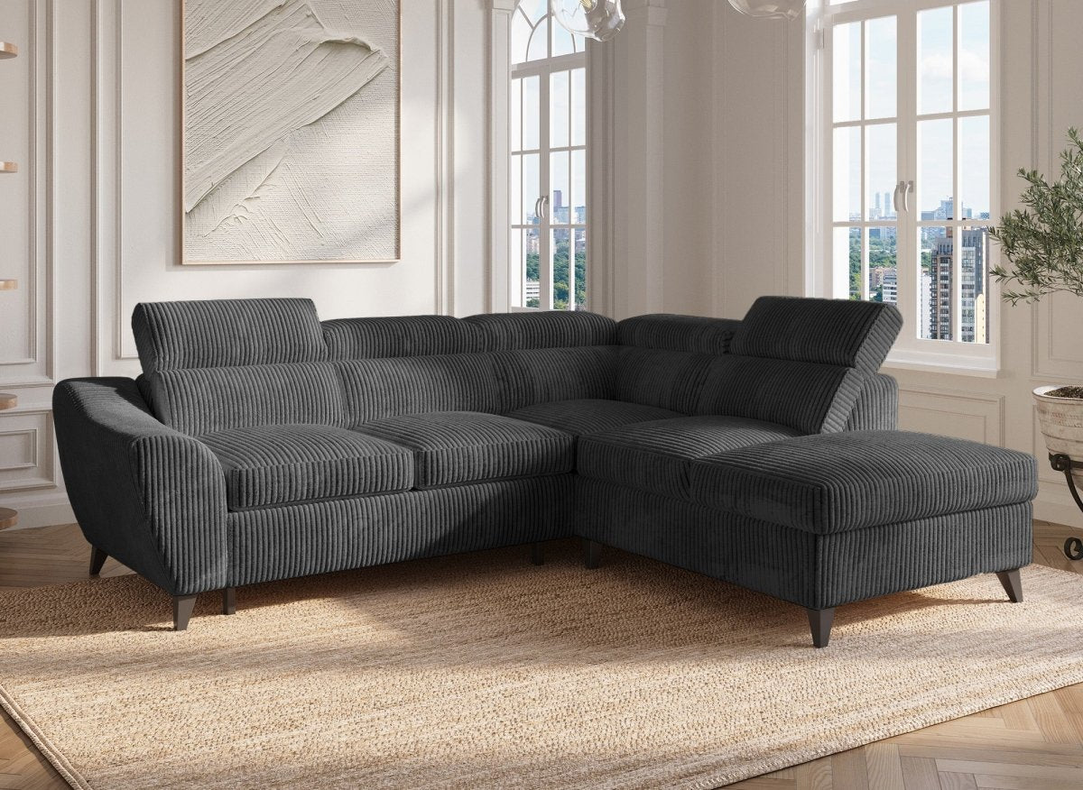 Canapé d'angle convertible avec coffre en velours côtelé épais gris DALTON - Angle droit - DécoInParis