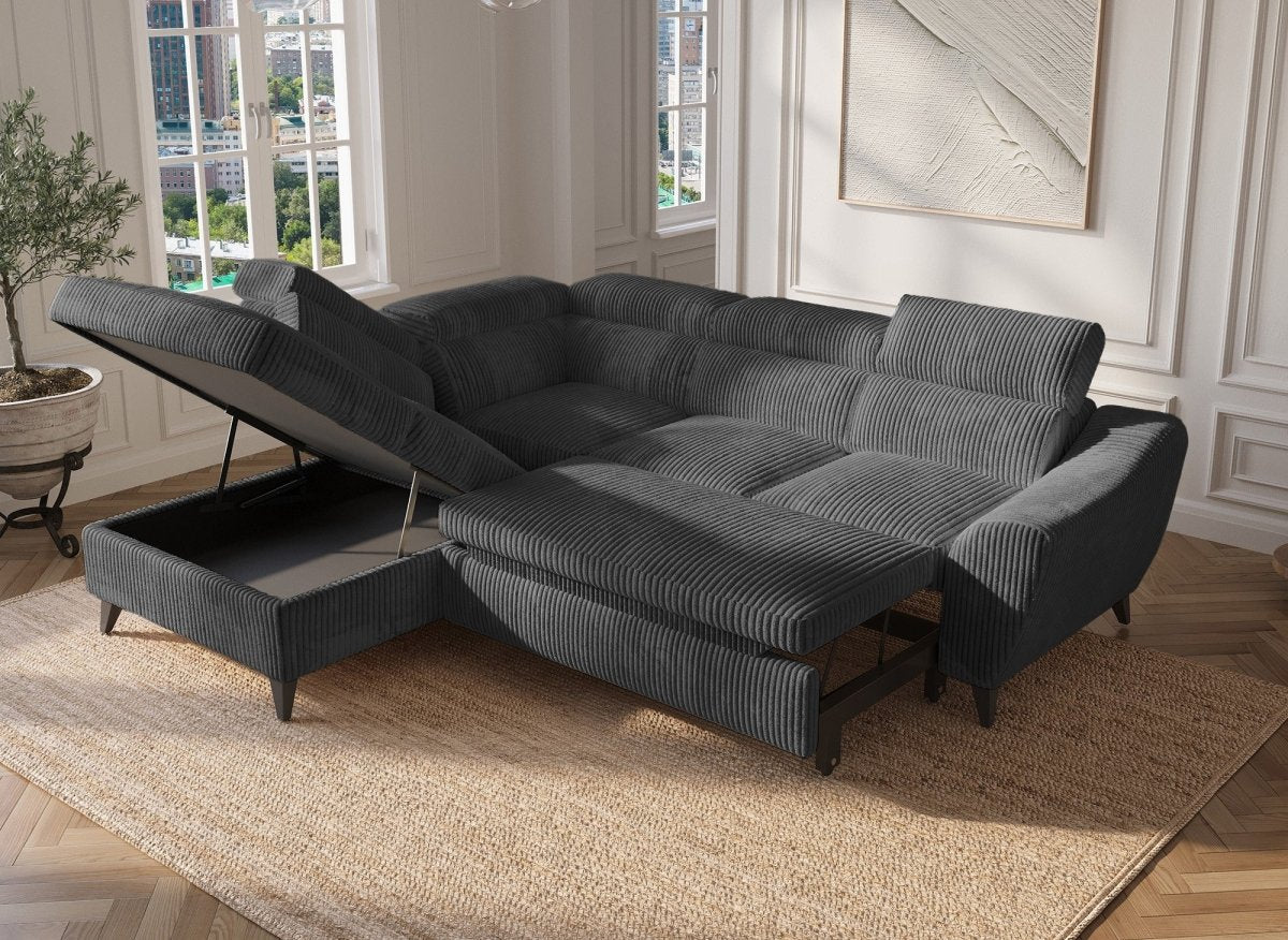 Canapé d'angle convertible avec coffre en velours côtelé épais gris DALTON - Angle gauche - DécoInParis