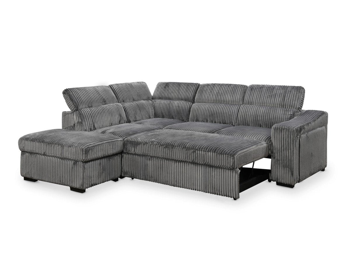 Canapé d'angle convertible avec coffre en velours côtelé gris MARTY - Angle gauche - DécoInParis