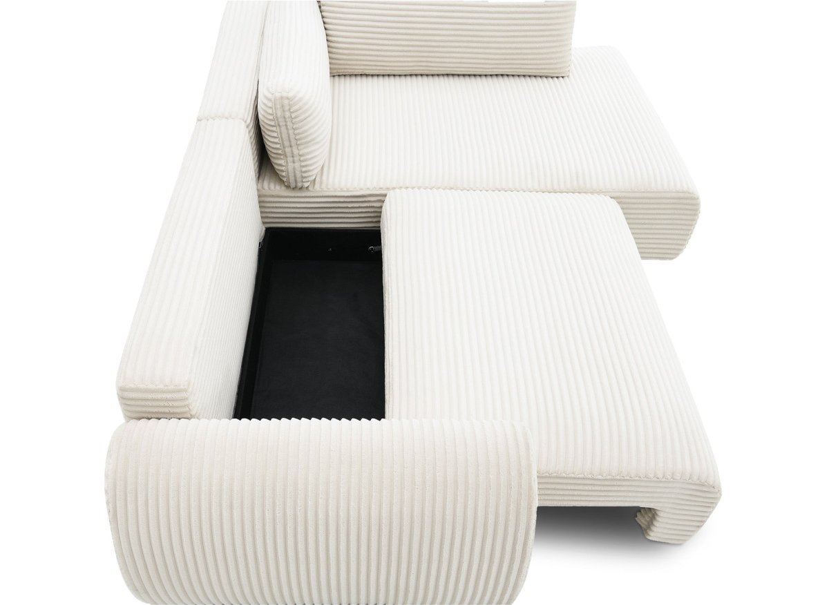 Canapé d'angle convertible avec méridienne et coffre en gros côtelé doux beige TILDA - Angle droit - DécoInParis