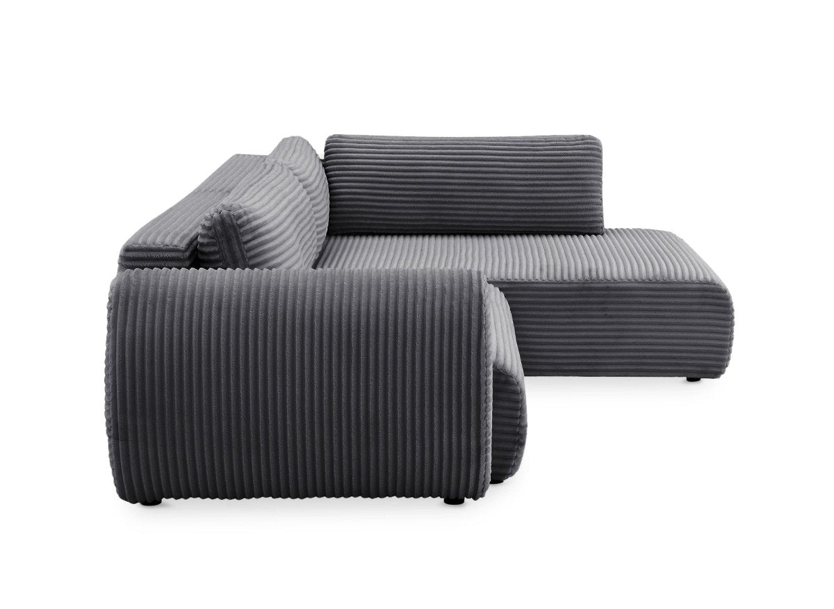 Canapé d'angle convertible avec méridienne et coffre en gros côtelé gris TILDA - Angle droit - DécoInParis