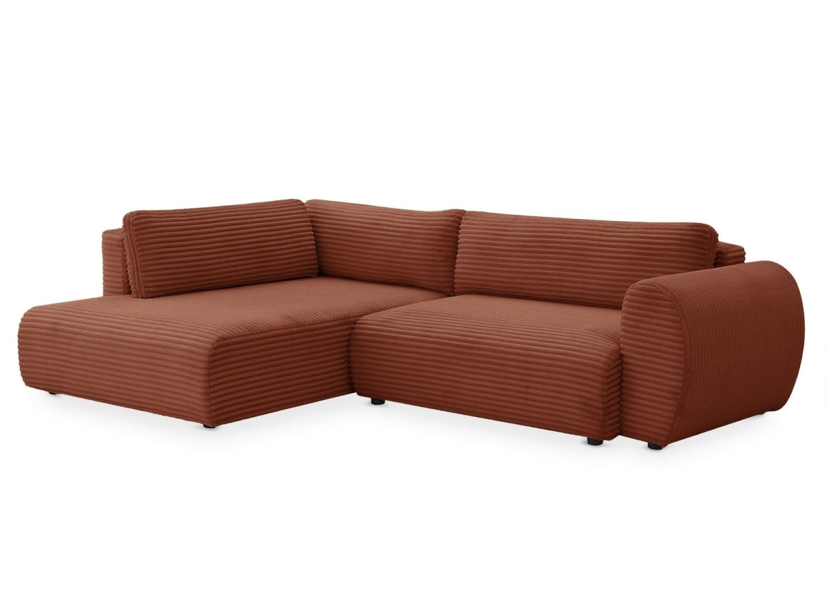 Canapé d'angle convertible avec méridienne et coffre en gros côtelé terracotta TILDA - Angle gauche - DécoInParis