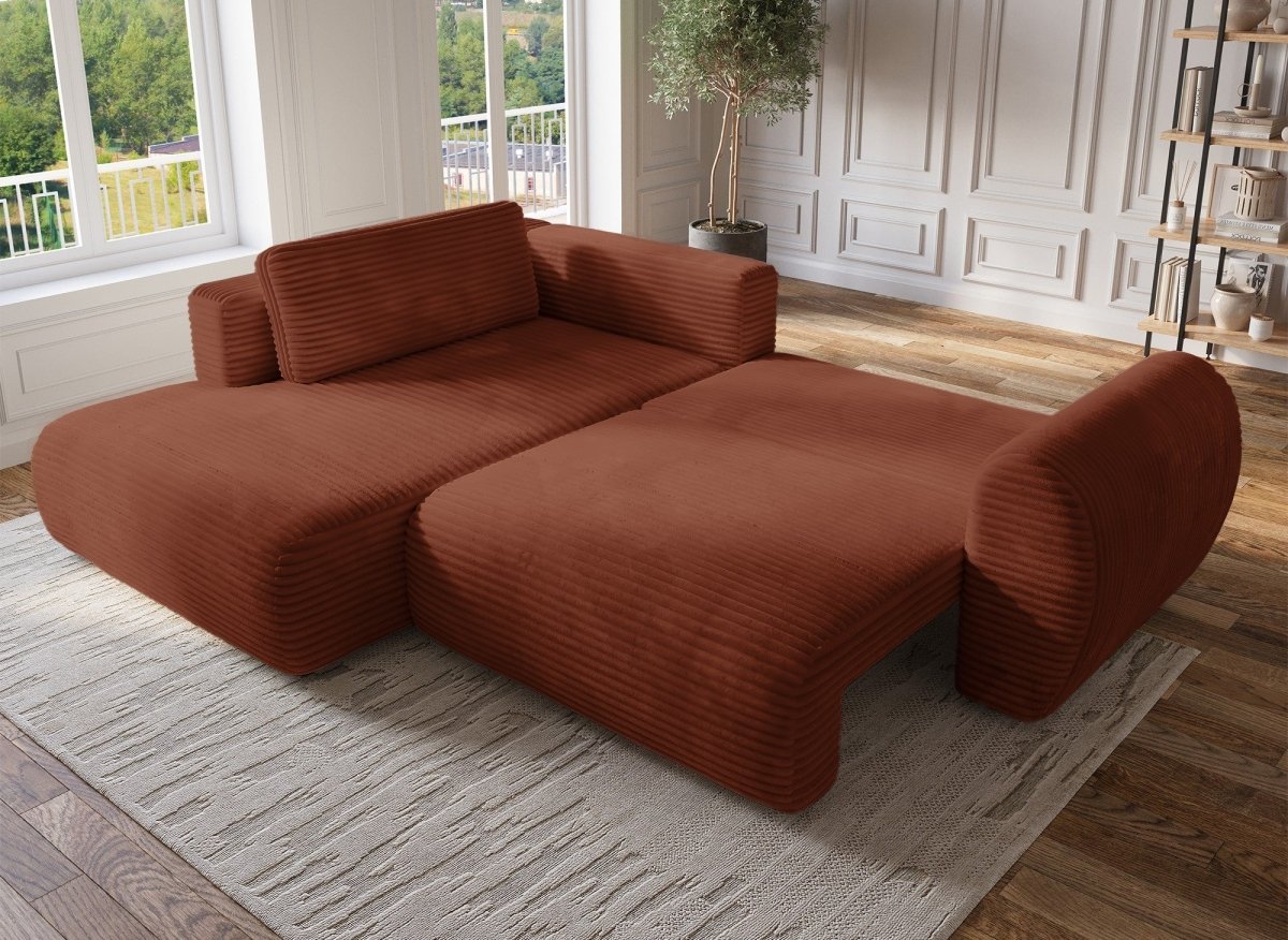 Canapé d'angle convertible avec méridienne et coffre en gros côtelé terracotta TILDA - Angle gauche - DécoInParis