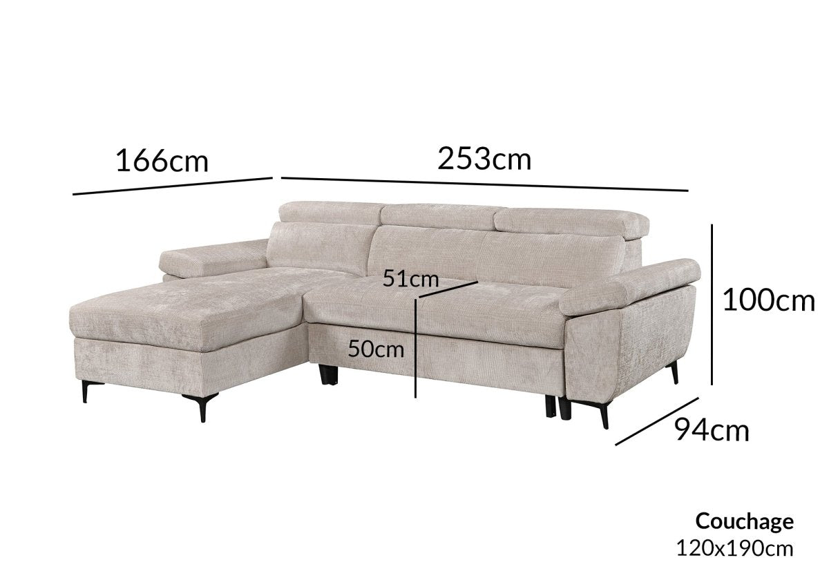 Canapé d'angle convertible en velours chiné beige MONICA - Angle gauche - DécoInParis