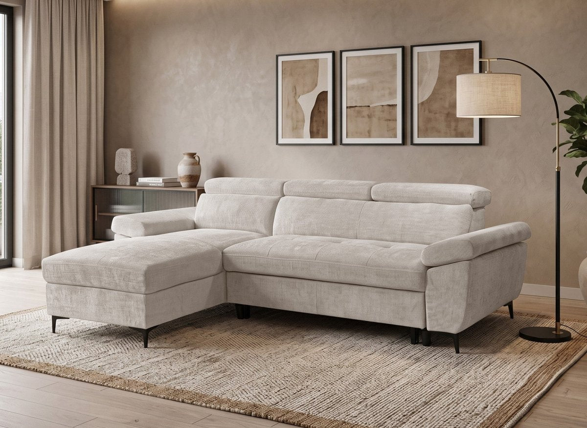 Canapé d'angle convertible en velours chiné beige MONICA - Angle gauche - DécoInParis