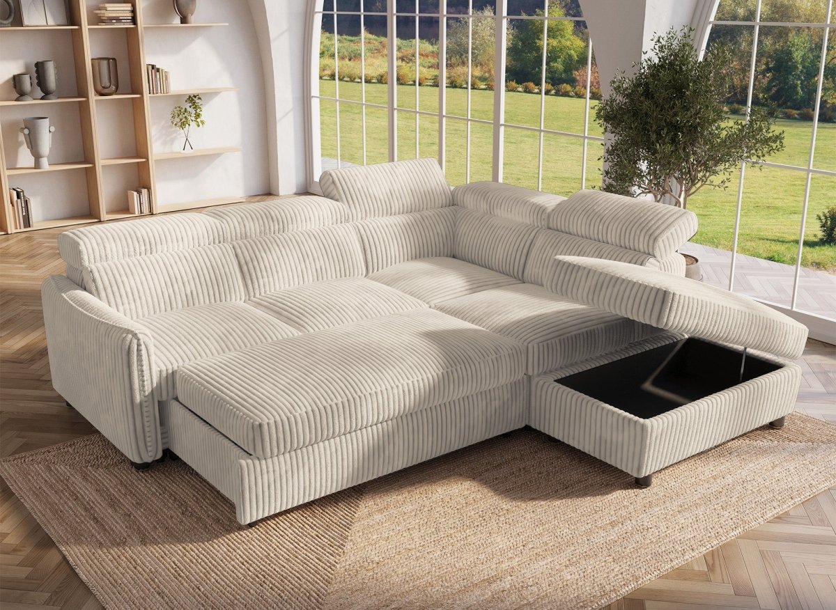 Canapé d'angle convertible en velours côtelé épais beige NAIROBI - Angle droit - DécoInParis