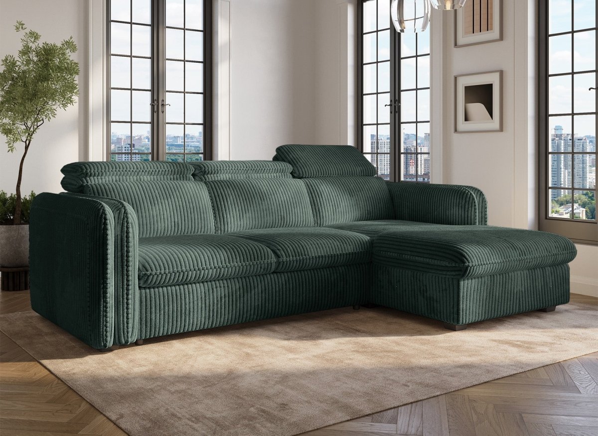 Canapé d'angle convertible en velours côtelé épais vert ISABELLA - Angle droit - DécoInParis