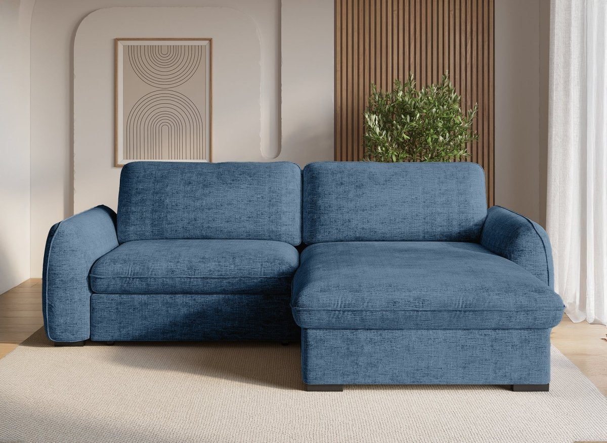 Canapé d'angle convertible et réversible avec coffre en velours chiné bleu LIORA - DécoInParis