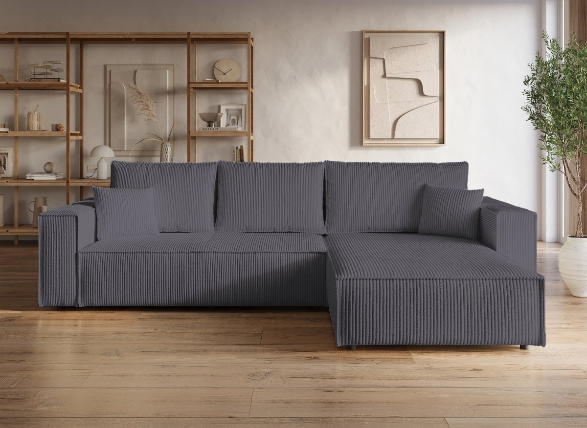 Canapé d'angle convertible et réversible avec coffre en velours cotelé gris anthracite - JADE - DécoInParis