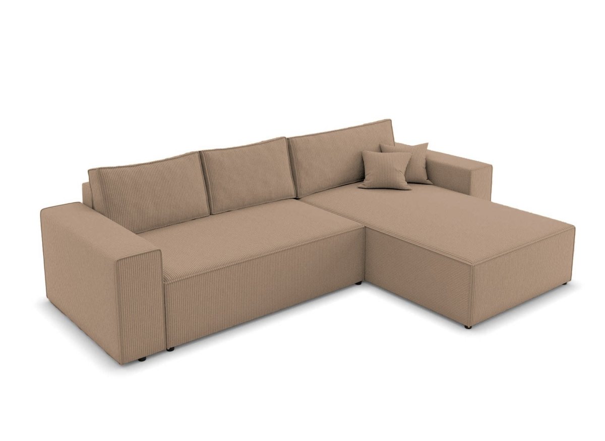 Canapé d'angle convertible et réversible avec coffre en velours cotelé moka JADE - DécoInParis