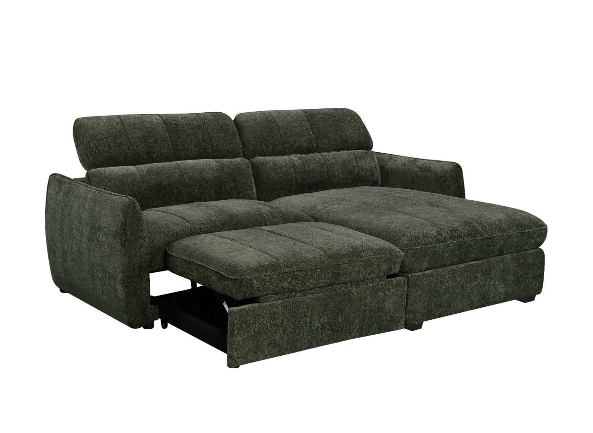 Canapé d'angle convertible et réversible avec coffre en velours tissé vert olive MADALENA - DécoInParis
