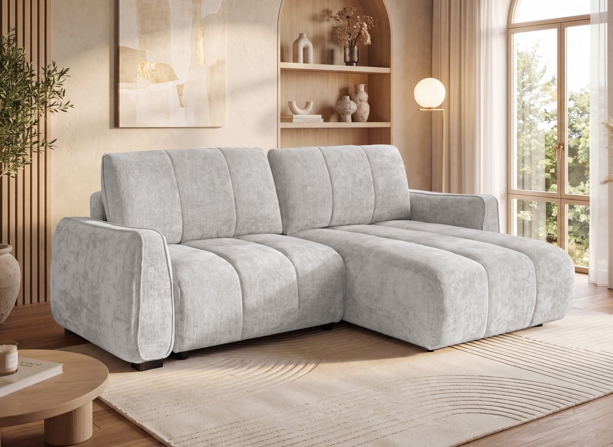 Canapé d'angle convertible et réversible avec coffres en velours texturé beige MAGHLA - DécoInParis