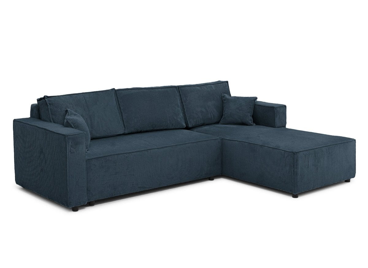 Canapé d'angle convertible réversible avec coffre en velours côtelé bleu SYNA - DécoInParis