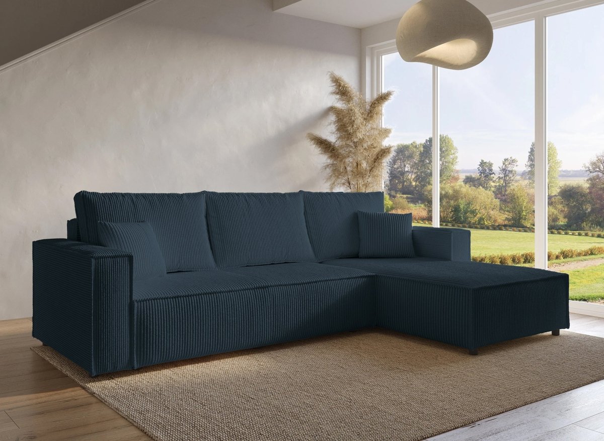 Canapé d'angle convertible réversible avec coffre en velours côtelé bleu SYNA - DécoInParis