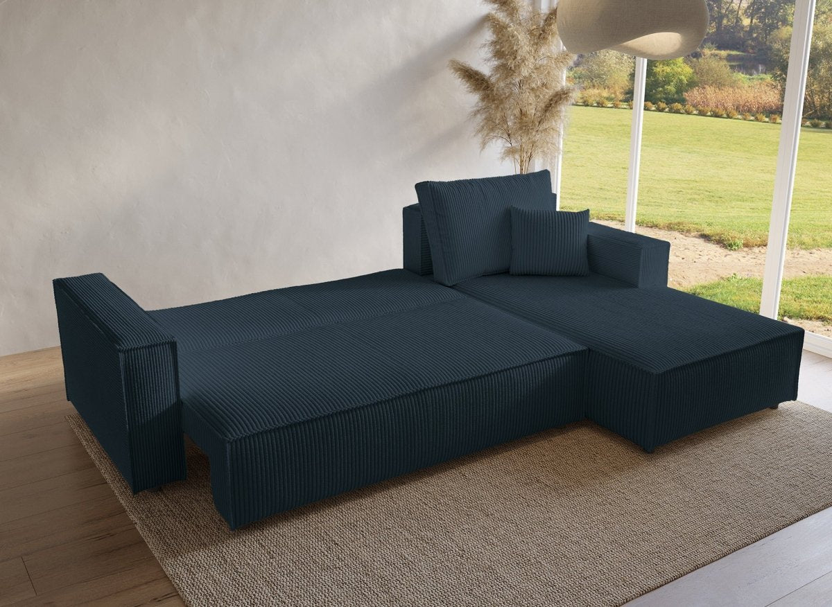 Canapé d'angle convertible réversible avec coffre en velours côtelé bleu SYNA - DécoInParis