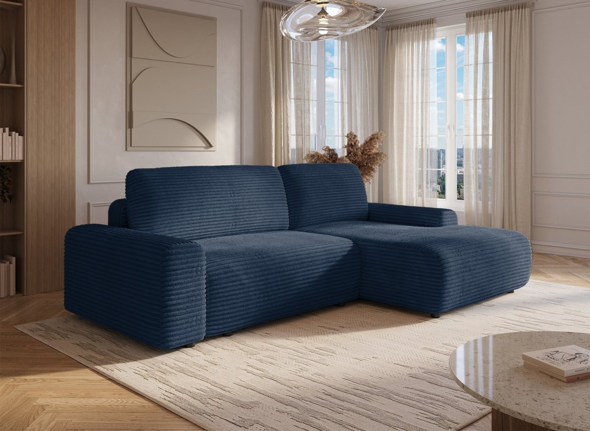 Canapé d'angle droit convertible avec coffre en velours côtelé épais bleu foncé BALI - Angle droit - DécoInParis