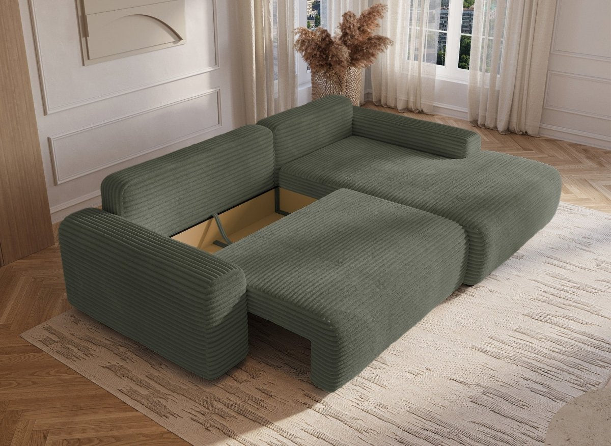 Canapé d'angle droit convertible avec coffre en velours côtelé épais vert kaki BALI - Angle droit - DécoInParis