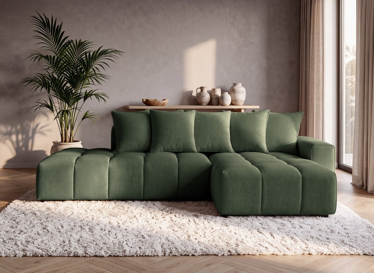 Canapé d'angle en tissu texturé vert olive CLARISSE - Angle droit - DécoInParis
