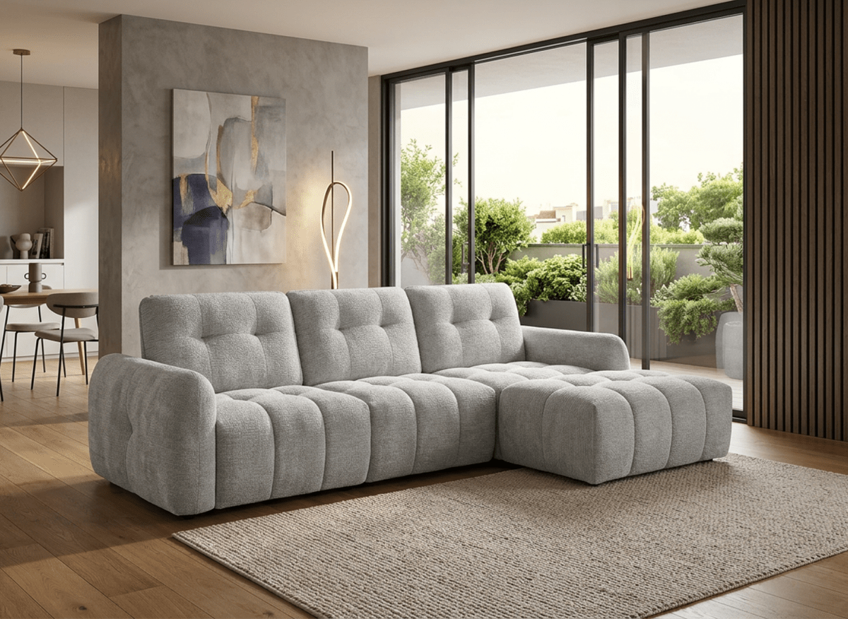 Canapé d'angle en velours tissé gris clair avec dossier réglable ADONIS - Angle droit - DécoInParis