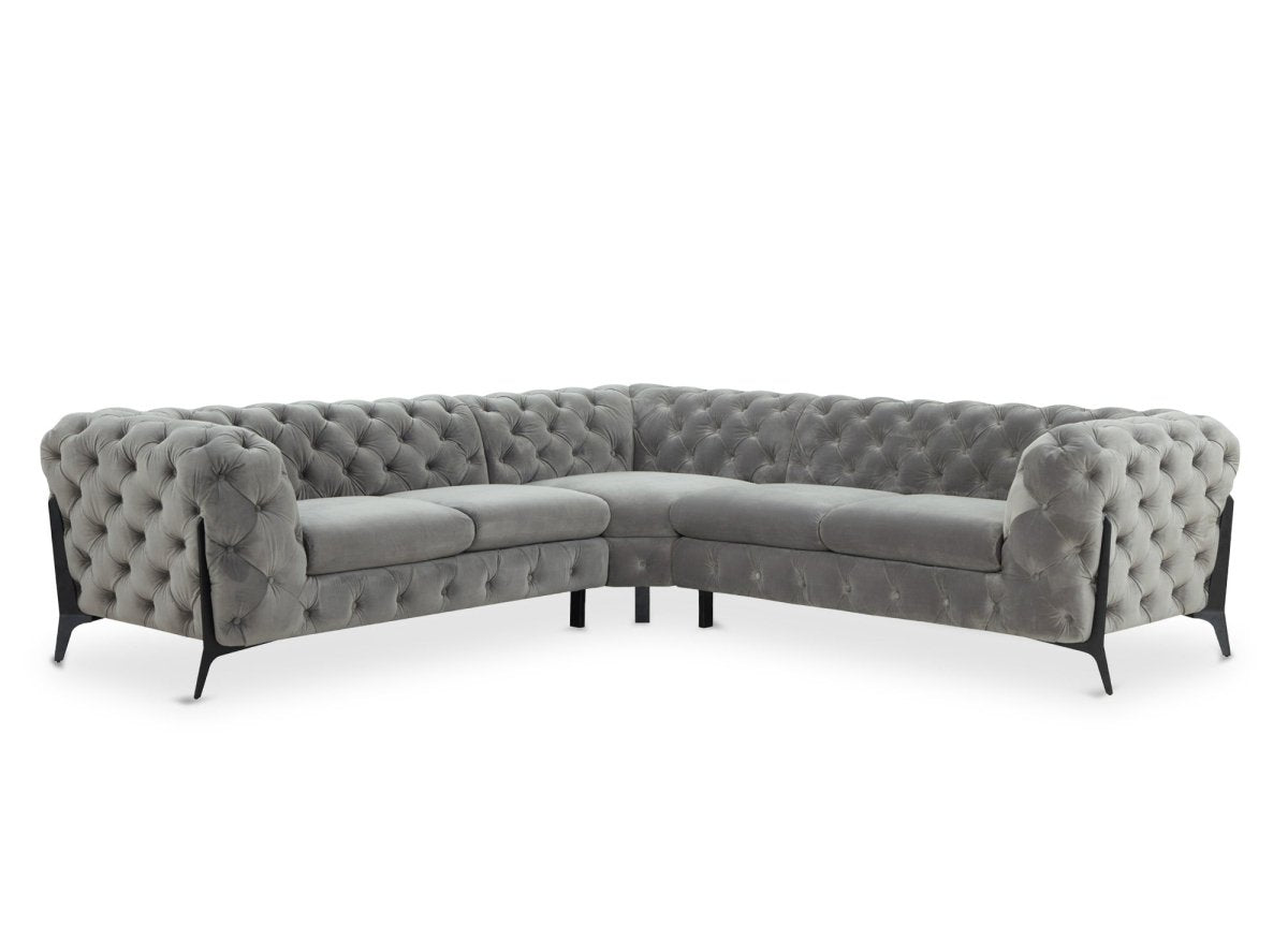 Canapé d'angle fixe capitonné chesterfield velours gris CARMEN - DécoInParis