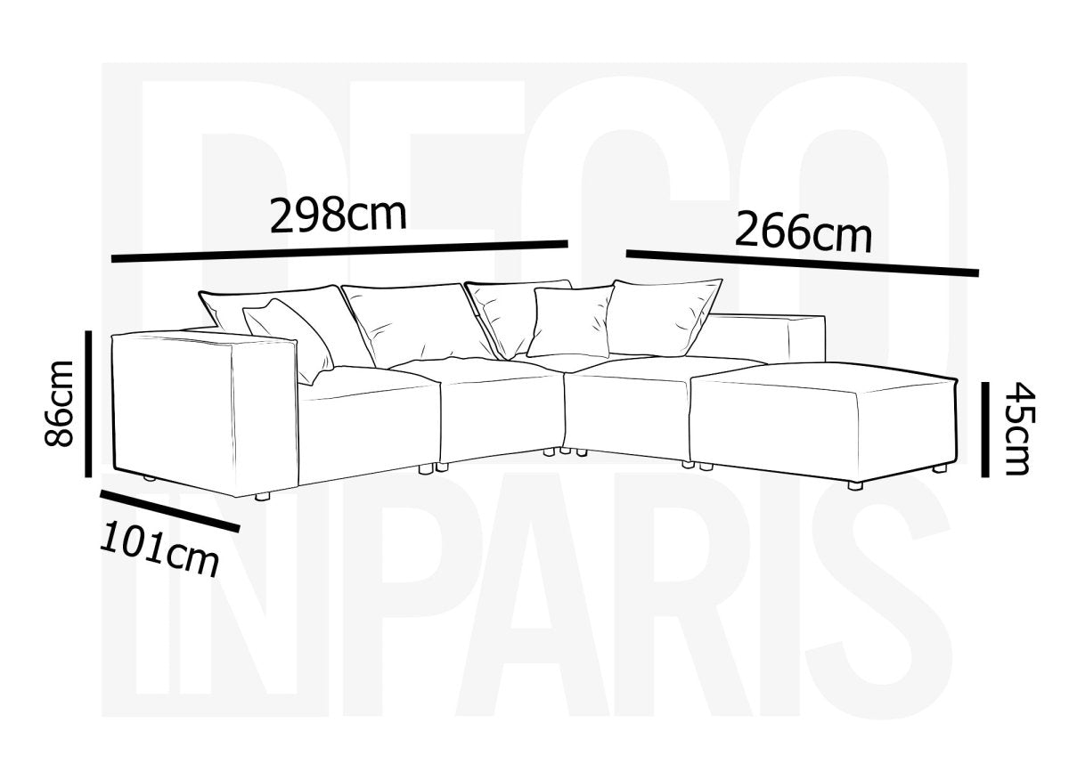 Canapé d'angle fixe modulable avec 1 pouf en tissu effet peau de mouton blanc écru HARLEM XL - DécoInParis