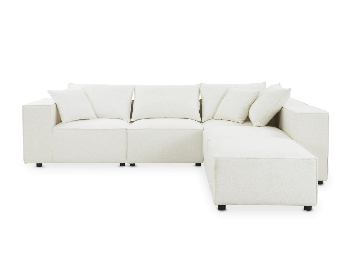 Canapé d'angle fixe modulable avec 1 pouf en tissu effet peau de mouton blanc écru HARLEM XL - DécoInParis