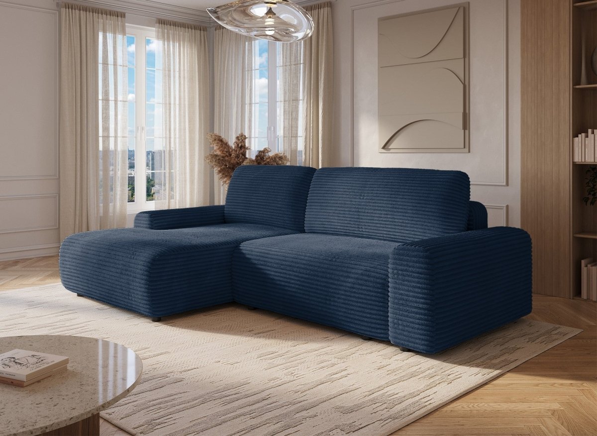 Canapé d'angle gauche convertible avec coffre en velours côtelé épais bleu foncé BALI - Angle gauche - DécoInParis